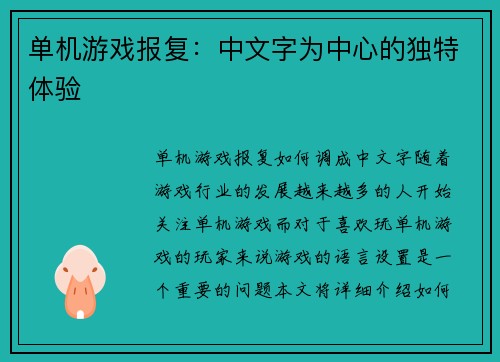 单机游戏报复：中文字为中心的独特体验